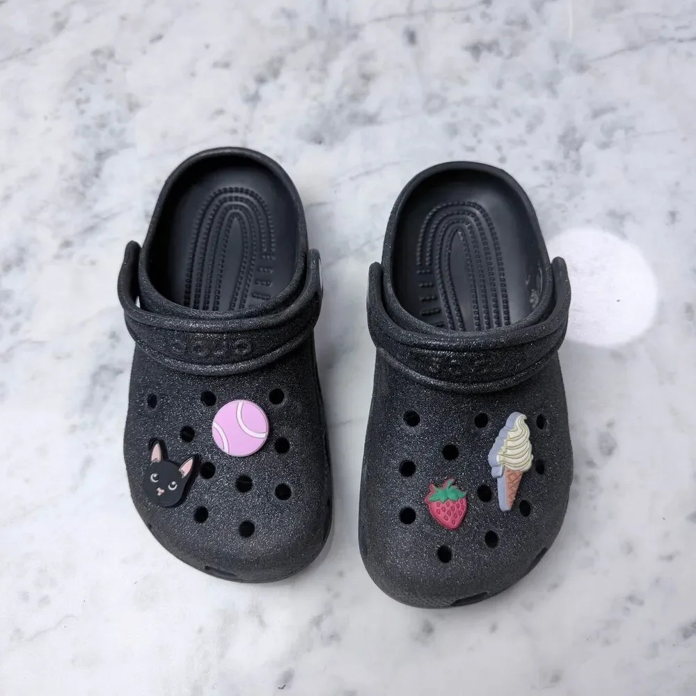 Crocs Classic Black Glitter Clog with Charms size  J1